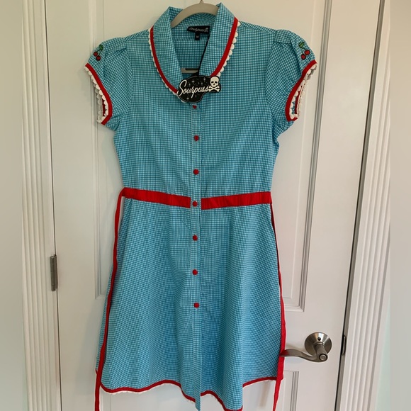 NWT Sourpuss Cherry Pie Gingham Diner Dress Medium - Picture 2 of 10
